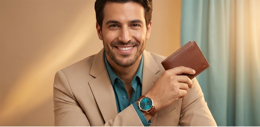 Man holding a brown leather wallet with a blurred background